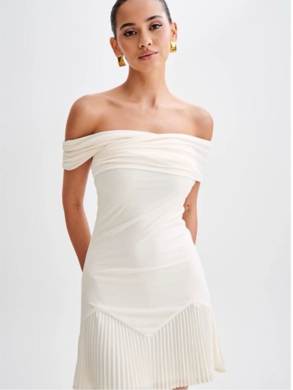 Meshki Off-Shoulder Ivory Pleated Hem Dress